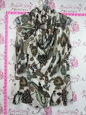 Clientele shirt tank Sleeveless Cowl Neck Paisley Top in Cream and Sage